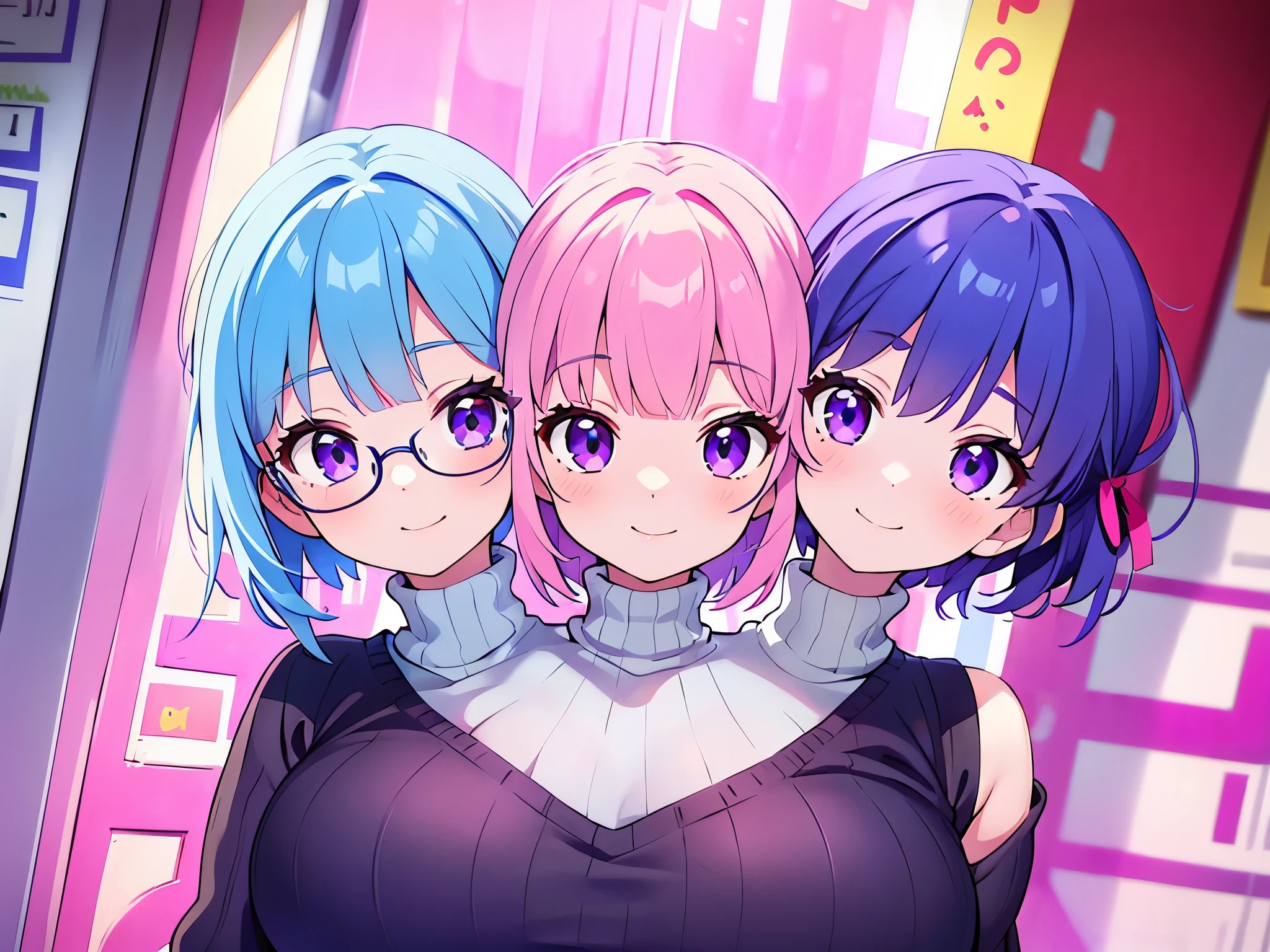 (masterpiece),(ultra-detailed), (high quality), (high resolution), (best quality:1.5, highres, UHD), highres, absurd, ultra detail, ultra quality, Ultra resolution, 16k, ((2heads:1.5)), (pink hair), (blue hair), (different hairstyles), violet eyes, casual wear, (purple turtleneck sweater), (sleeveless sweater), strong and confident expressions, ((kindergarten)), (smiling), ponytail, ((two headed girl)), hair ribbon