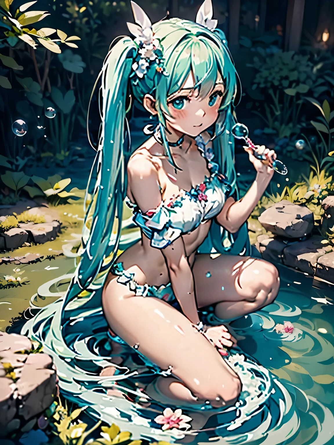 (masterpiece、highest quality、highest quality、Official Art、Beautiful and beautiful:1.2)、(One girl:1.3)Hatsune Miku、Twin tails,Big Breasts,High Quality Fantasy Comedy Anime Illustration. Innocent boy pooping magic soap bubbles with his hands, The little fairy is in a hurry The little fairy is in a hurry、Squeezed in unbreakable soap bubbles.
