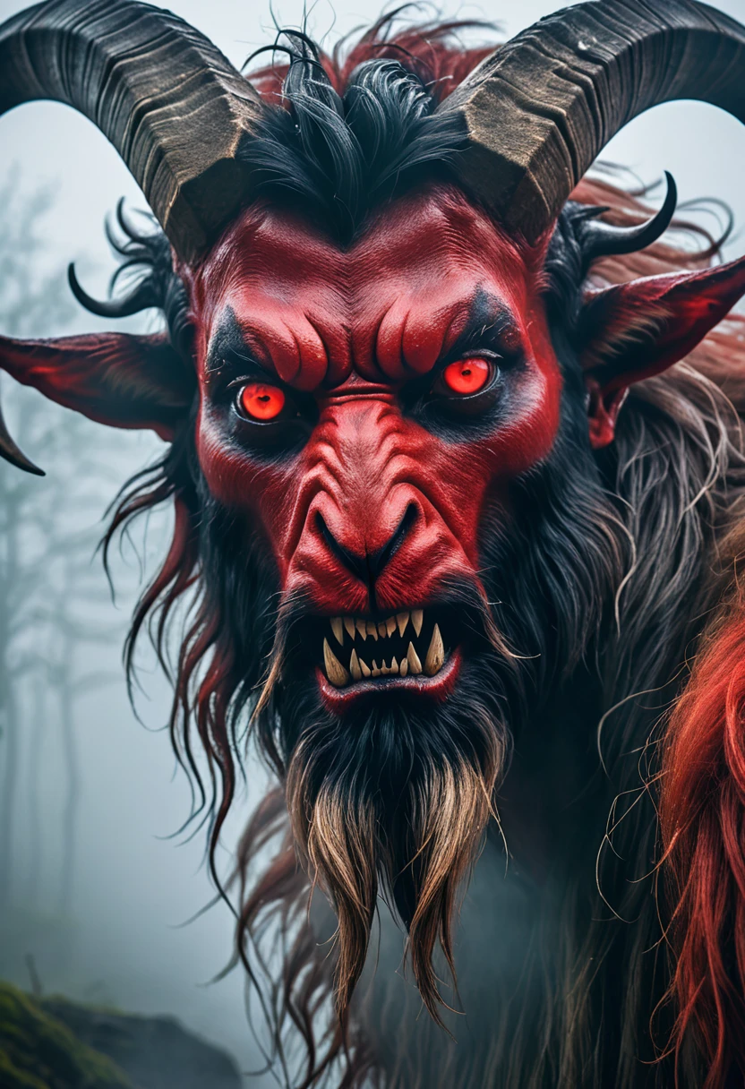 Focus on a close-up of the Goatman's face in the mist, emphasizing his eerie and frightening features. His eyes are glowing red, his face is a mix of human and goat with sharp teeth and large horns, and his expression is menacing, aiming to instill fear.
