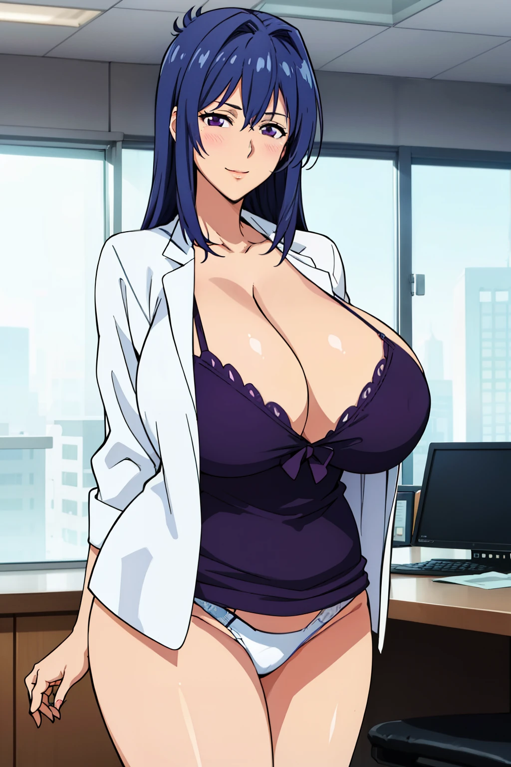 white shirt, cleavage, white panties, office room background, Nijou Aki, 27 yo, mature women, anime cels style, best quality, high resolution, (gigantic breasts:1.3), cowboy shot, blush, smiling, (purple eyes), blue hair