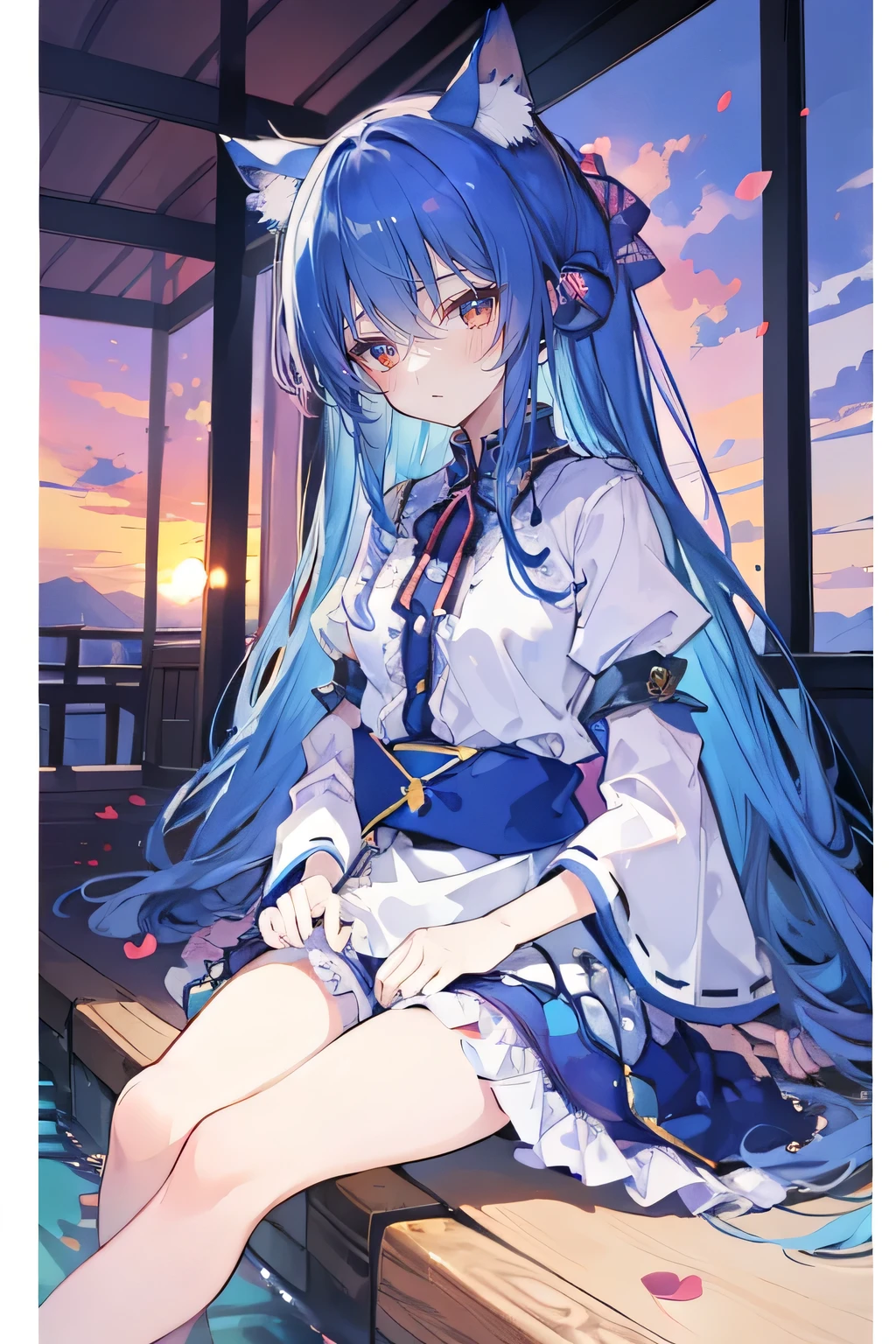 (masterpiece:1.2),Super detailed,Practical,expressive eyes,Fair skin,Perfect face shaping,1 Girl,
Japanese cartoons,Gorgeous blue hair, the long flowing blue hair,Floating clothes,Cat ears,Petals falling,beautiful lola,Young Angel,
Hands on waist,sit elegantly on the ground,Cross your legs,Gentle and peaceful background,Cool and cozy pavilion,Sunset,