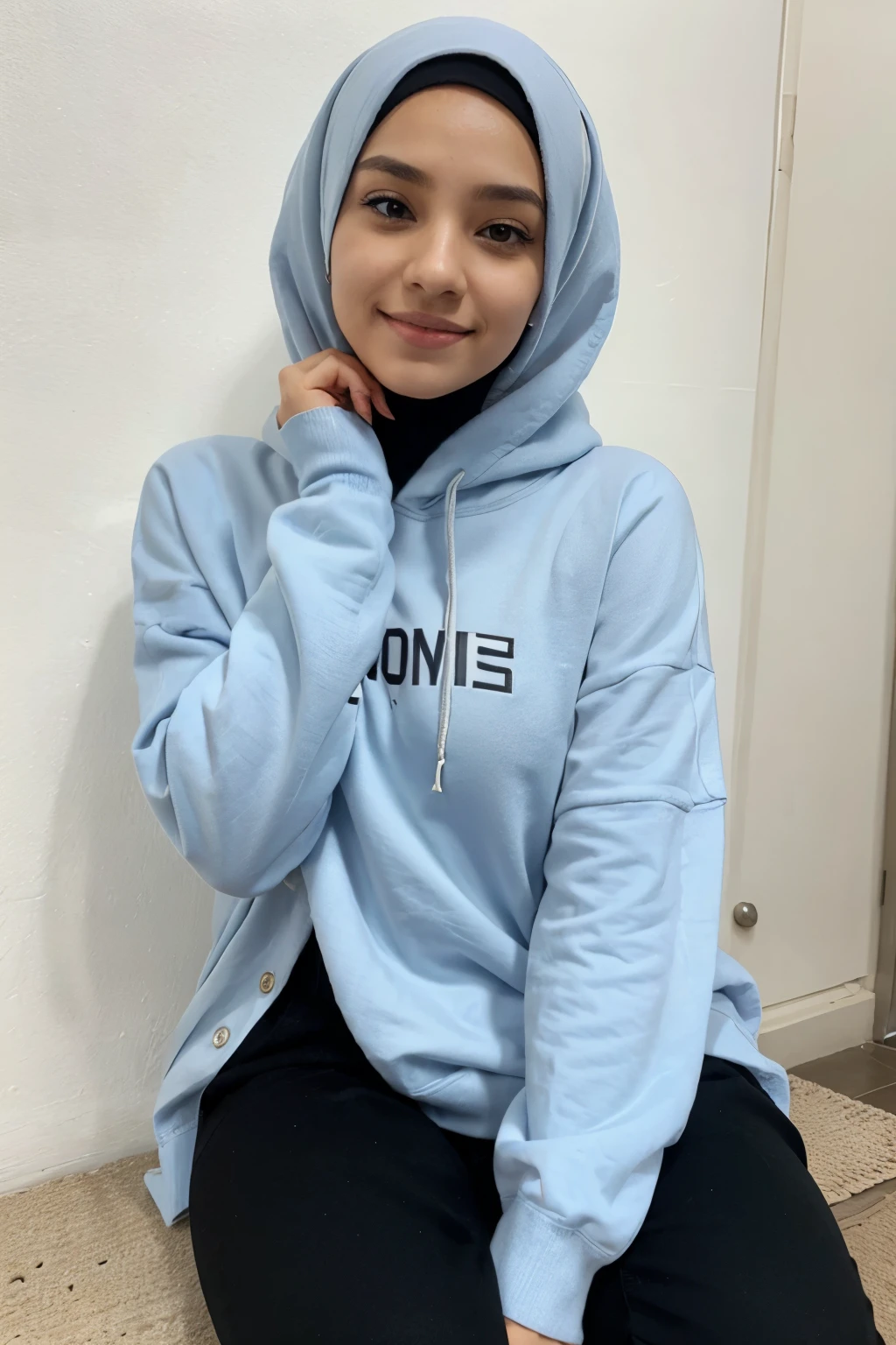 female, hijab, egyption, beautiful, black clothes, oversized hoodies, medium, hands behind her back, looking straight at the camera, sitting, smiling, short, white skin, blue wall behind her, unblured, ultra realistic