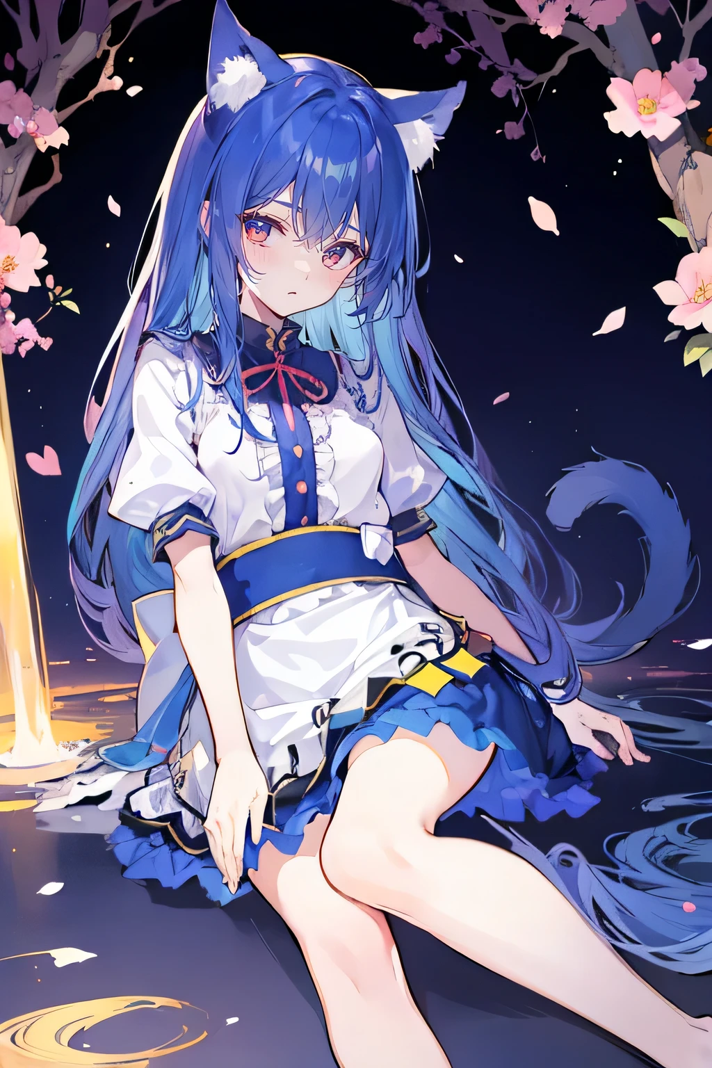 (masterpiece:1.2),Super detailed,Practical,expressive eyes,Fair skin,Perfect face shaping,1 Girl,
Japanese cartoons,Gorgeous blue hair, the long flowing blue hair,Floating clothes,Cat ears,Petals falling,beautiful lola,Young Angel,
Hands on waist,sit elegantly on the ground,Cross your legs,Gentle and peaceful background,Cool and cozy pavilion,Sunset,