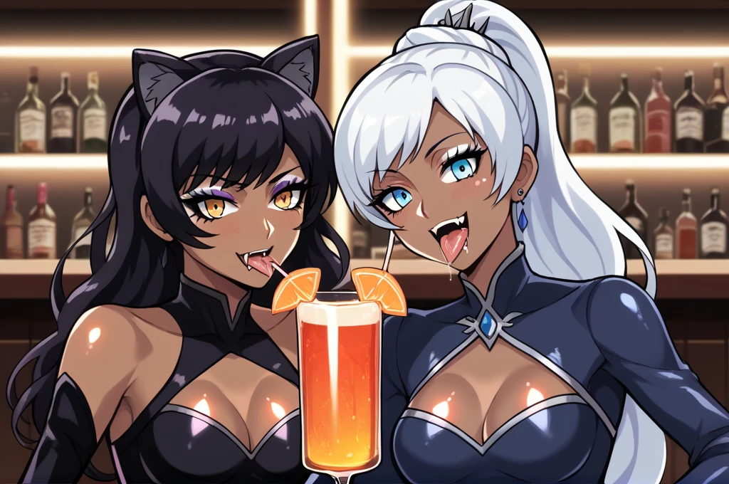 Score_9, score_8_up, score_7_up, score_6_up, score_5_up, score_4_up, source_anime, solo, ((2girls)), mature female, weiss schnee, dark skin, dark-skinned female, white makeup, (eyeshadow), Ganguro, tanned skin, shiny skin, metallic tan, colored skin, jet-black skin, tongue, saliva, fang, BREAK blake_belladonna, light blush, drinking glass, bar, dim lighting, 