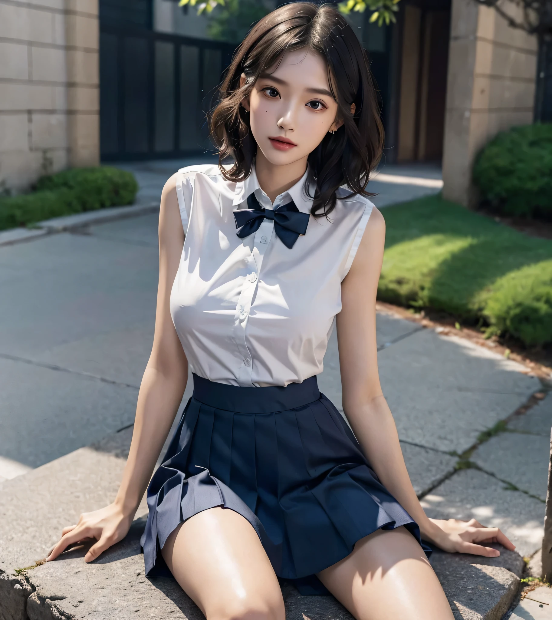 absurdres, RAW photo, extremely delicate and beautiful, masterpiece, Best Quality, ultra high resolution, 32k, hyperrealistic, ultra-detailed, perfect anatomy, perfect figure, super Detailed skin, 30 years old, very Slim body, narrow waist, very small head, very small face, delicate facial features, tearful mole, earring, thin legs, ((very huge round breasts)), ((full body shot)), ((alone)), short medium hair, ((wavy hair)), (((school uniform))), ((dress shirt)), sleeveless, outdoor,