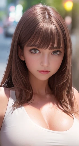 ((Realistic lighting, highest quality, 8k, masterpiece: 1.3)), Clear focus: 1.2, One girl, Perfect figure: 1.4, Slim Abs: 1.1, ((Dark brown hair)), (White tube top showing her underboobs:1.4), (Cleavage Emphasis),(Outdoor, night: 1.1), street, Very beautiful face, Beautiful Eyes, double eyelid,