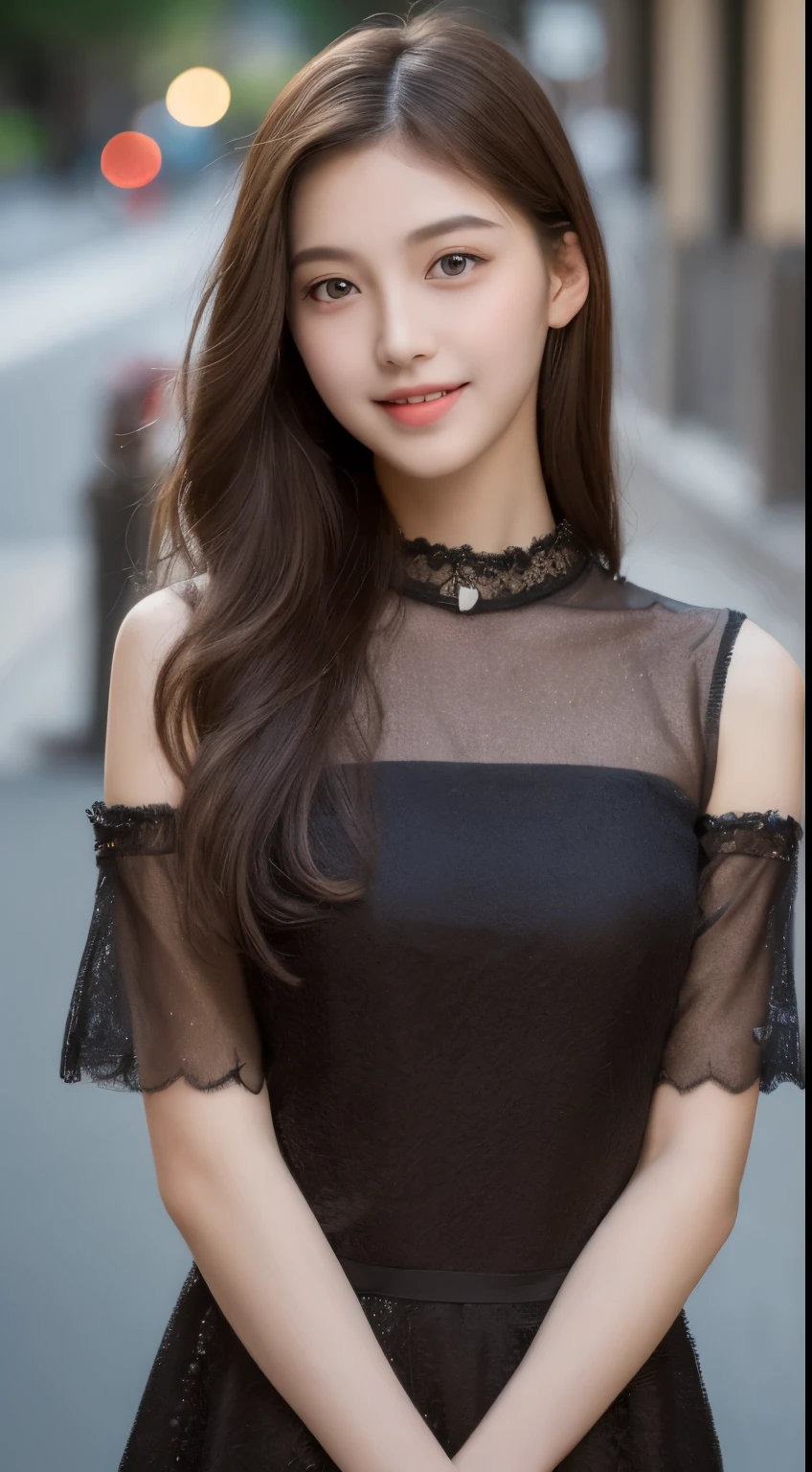 ((highest quality, 8k, masterpiece :1.3)), One girl, smile, whole body, Slim face, Beautiful woman, (Dark brown hair), Full-length dress :1.1, Highly detailed face, Fine grain, double eyelid, Blur the background, Slim face, city, outside, street,I am worry about it、Twenty years old