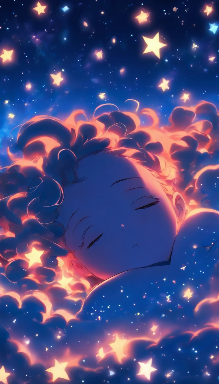 night sky full of stars、Beautiful sleeping face woman、