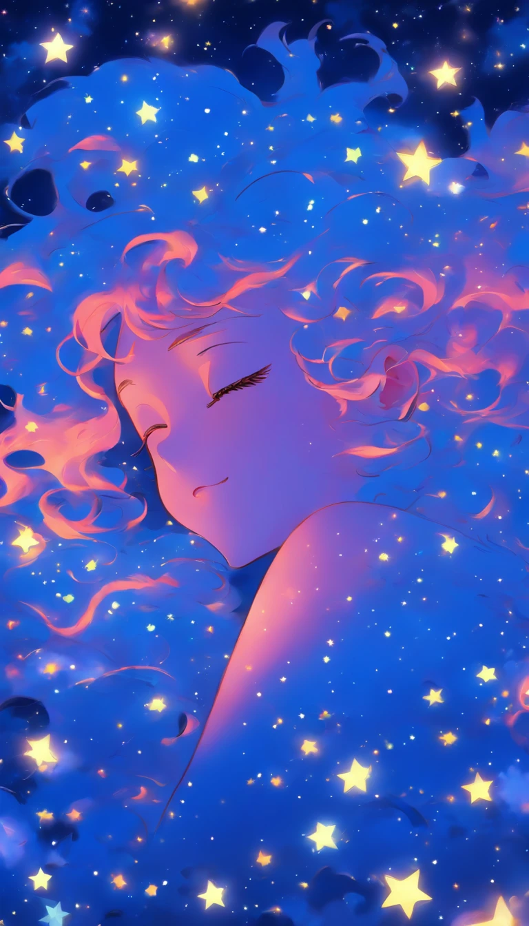 night sky full of stars、Beautiful sleeping face woman、