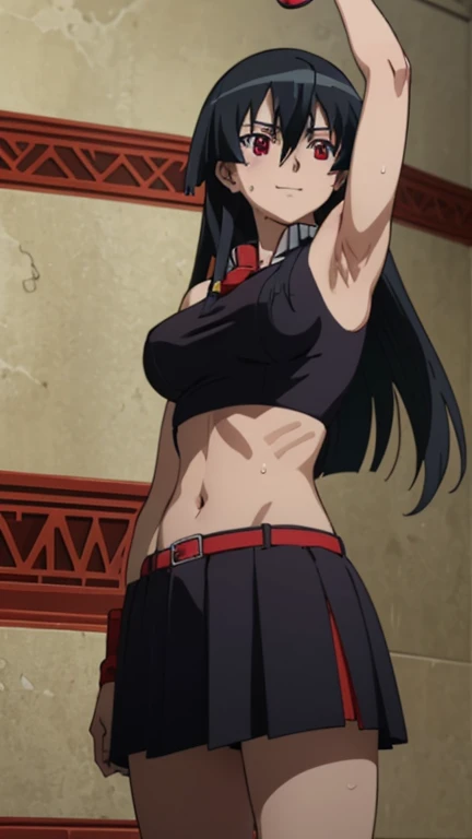 a picture, inspired by Kentaro Miura, trending on pixiv, Akame from akame ga kill, red eyes, long black hair, wearing a low cut croptop, wearing croptop, croptop, golden raito, (winking), large)}], favorite scene, fine details. anime. skins, sweating, big breasts, both hands raised, armpits, armpits visible, dripping with sweat, more more sweat, sweaty armpits, smile