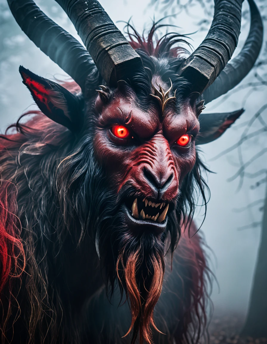 Focus on a close-up of the Goatman's face in the mist, emphasizing his eerie and frightening features. His eyes are glowing red, his face is a mix of human and goat with sharp teeth and large horns, and his expression is menacing, aiming to instill fear.