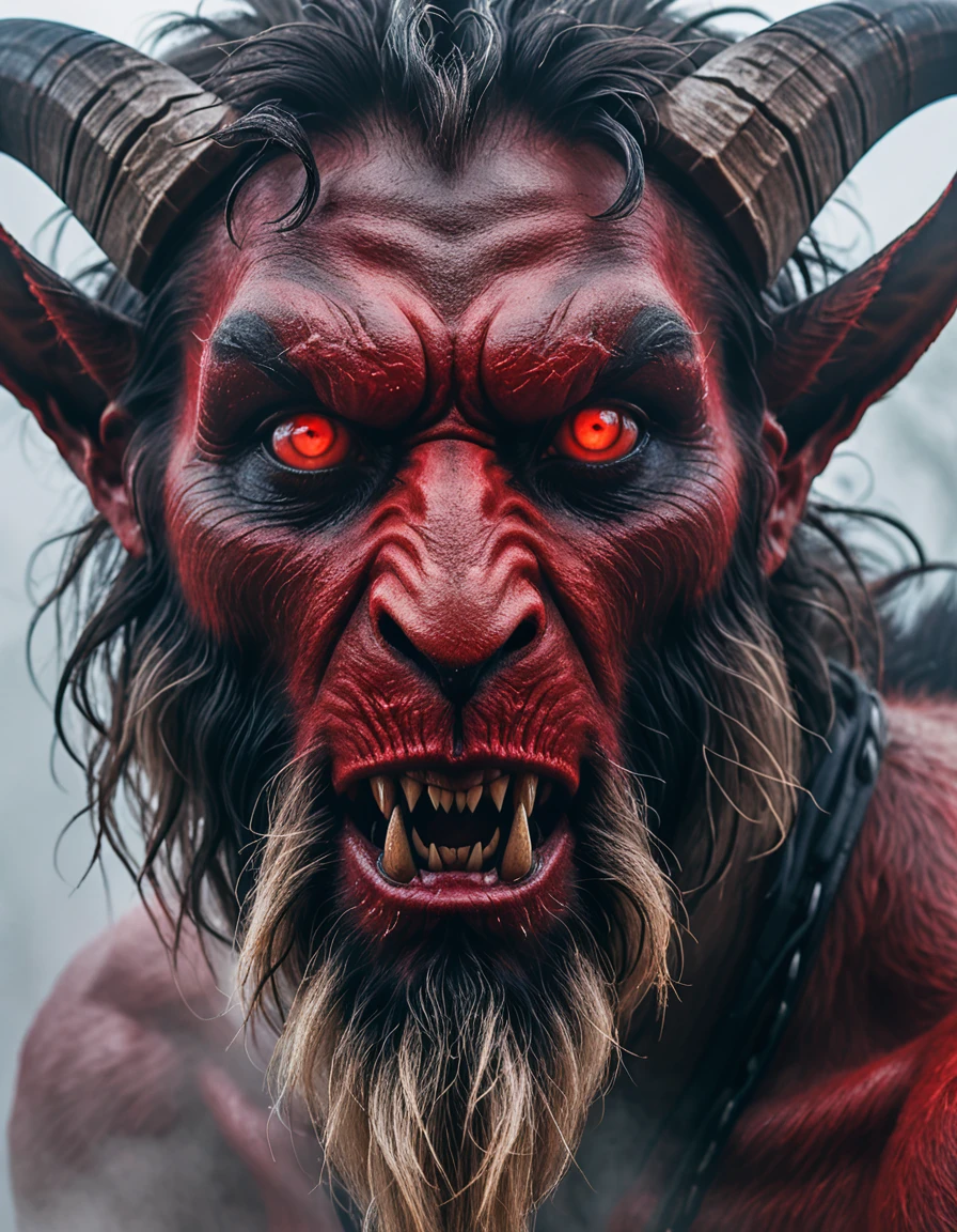 Focus on a close-up of the Goatman's face in the mist, emphasizing his eerie and frightening features. His eyes are glowing red, his face is a mix of human and goat with sharp teeth and large horns, and his expression is menacing, aiming to instill fear.