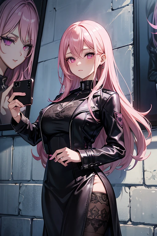 A pink haired woman with violet eyes with an hourglass figure in a leather jacket and lacy dress is taking a selfie in front of wall mural