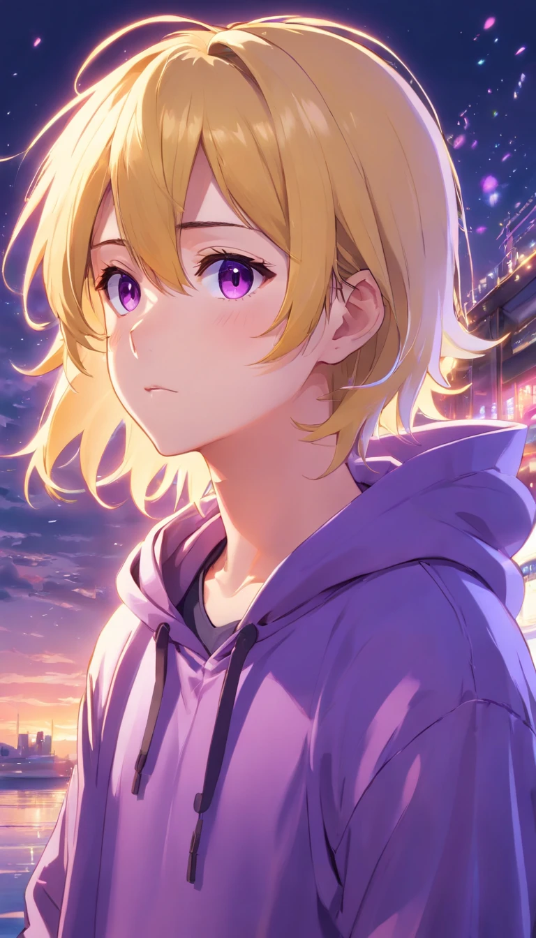 Purple hoodie、Golden Hair、male、Two little purple X&#39;s on his cheeks