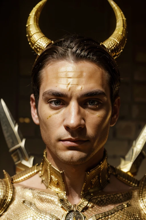 (best quality),(masterpiece), (extremely detailed 8K wallpaper),ultra-detailed,cinematic lighting, detailed light, best shadow, dynamic angle, from down, signal light, man in his late 20s, reflective eyes, beautiful eyes, extremely detailed face,reflective hair, skin covered in gold scales, half-dragon from dnd, scaled reptilian skin, golden scales, 2 horns growing from the head, face covered in golden scales, , knife scar on his left cheek, GOLDEN REPTILE SCALES ON HIS FACE, no armor