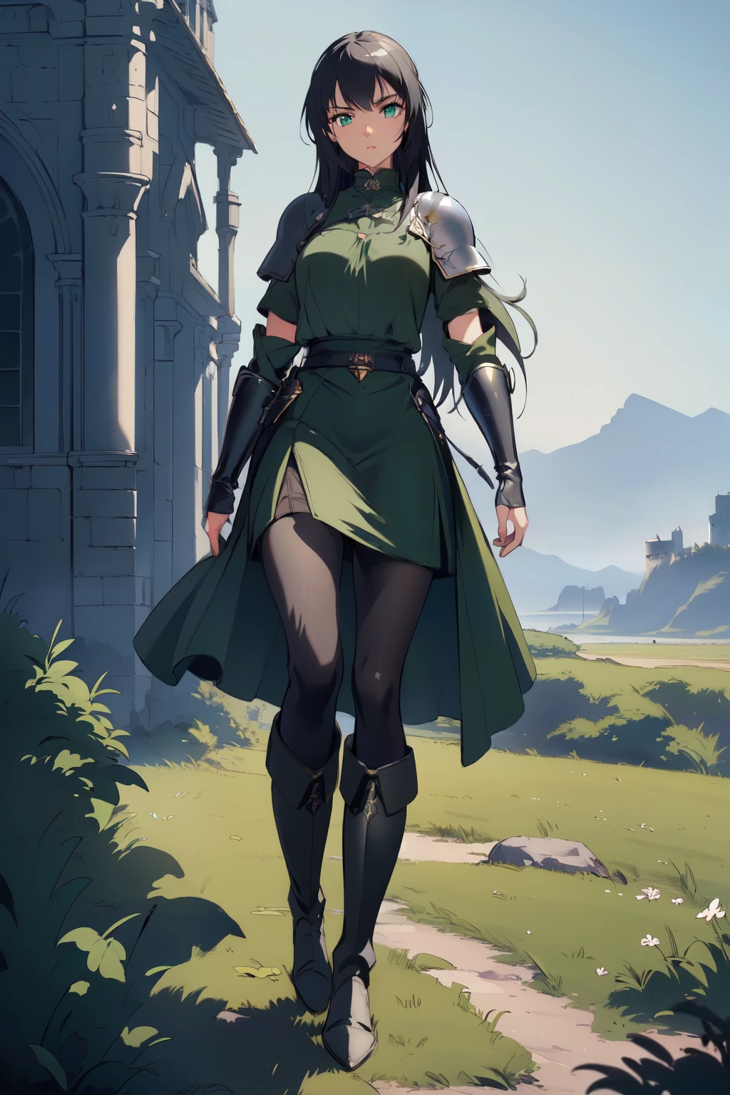 (((masterpiece))), (((best quality))), ((ultra-detailed)), (cinematic lighting), (illustration), (beautiful detailed eyes), (1girl, 20s), full body, knight, futuristic armour, castle in background, field, expressive eyes, perfect face, Girl: (black hair, long hair, wearing skirt, black pantyhose, green and grey armour, green baggy shirt, knee boots),