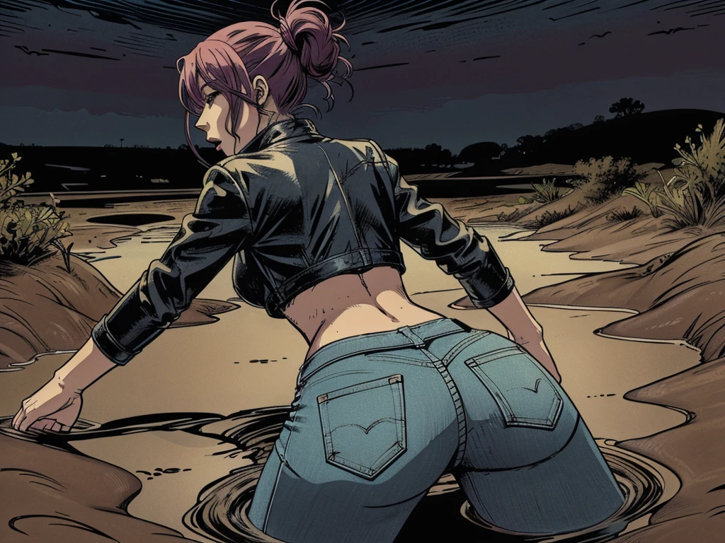 vector image, 2d cartoon,masterpiece, An anime woman,colored hair, tight ultra-long bootcut jeans, leather biker jacket:1.1, provocative pose, gloomy ecstasy, touches herself in sensually places,drowning in the middle of quicksand swamp, crop-top,from behind view, night