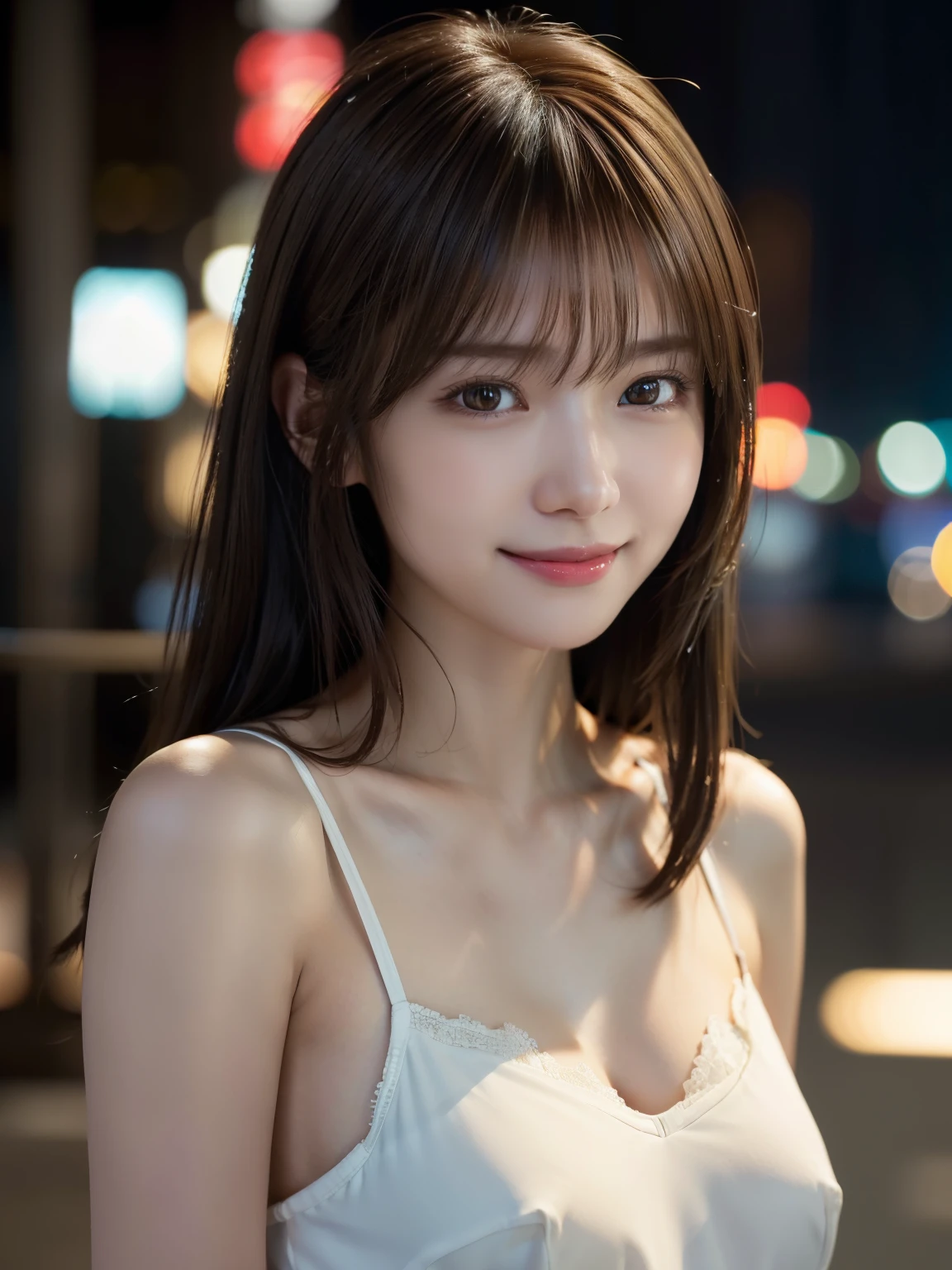 1 Japanese girl,(White underwear), (RAW Photos, highest quality), (Realistic, Photorealistic:1.4), masterpiece, Very delicate and beautiful, Very detailed, 8k wallpaper, wonderful, In detail, Very detailedなCG Unity, High resolution, Soft Light, Beautifully detailed 17 year old girl, Very detailedな目と顔, Beautifully detailed nose, Beautiful fine details,Cinema Lighting,City lights at night,Perfect Anatomy,Slender body,Medium Breasted,smile, (My hair is messy, Asymmetrical bangs, Light brown hair,),