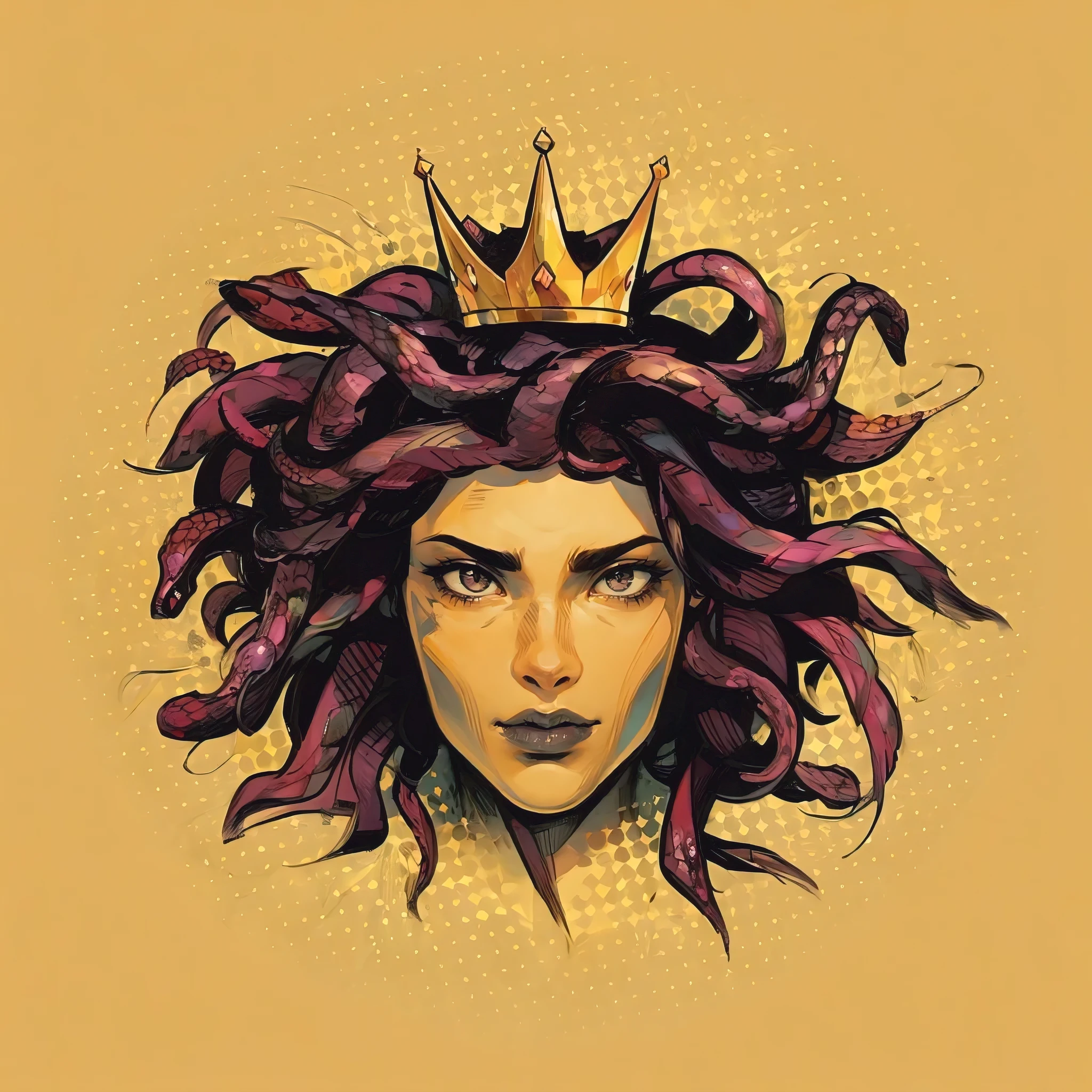comic style illustration of a medusa's head with a crown, snakes as her hairs