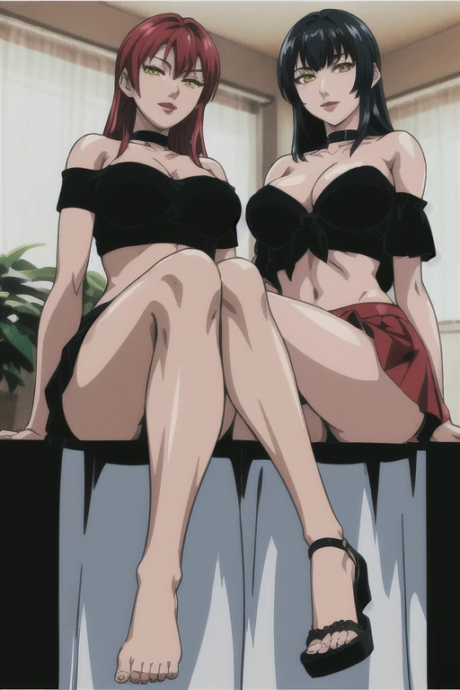 masterpiece, best quality, highres, 2 girls, hirokotakashiro,  micro ruffle skirt, black off shoulder crop top , bedroom, full body shot, (smug:0.3), looking at viewer, focus solo, sexy pose, crossing legs, mature, flip flops, detailed feet, busty, cleavage, redhead, seductive, dangling shoes, red eyeshadow, glossy lips, black choker, long hair, sitting on bed, complete body, seducing, yellow eyes, seducing each other,  