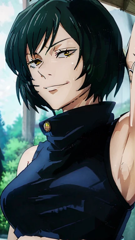 a picture, inspired by Kentaro Miura, trending on pixiv, mai zenin from jujutsu kaisen, yellow eyes, short green hair, wearing a low cut croptop, wearing croptop, croptop, golden raito, (winking), large)}], favorite scene, fine details. anime. skins, sweating, big breasts, both hands raised, armpits, armpits visible, dripping with sweat, more more sweat, sweaty armpits, smile