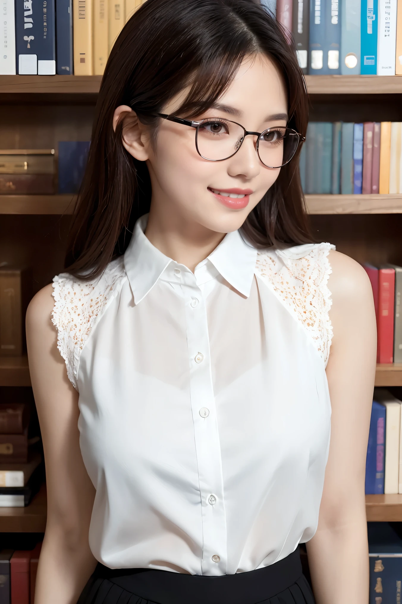 (highest quality、Tabletop、8k、Award-winning works、Ultra-high resolution、Best image quality)、One beautiful woman、(White polyester sleeveless collared blouse:1.2)、(Elegant black tight skirt:1.1)、(Huge breasts:1.1)、The most beautiful smile is looking at me、laughing out loud, Show off your beautiful teeth、(Elegant round glasses:1.1)、Beautiful and elegant very long wavy hair、library、(Standing Elegantly:1.1)、(Strongly blurred background:1.1)、Stand next to a bookshelf、(Perfectly organized bookshelf:1.1)、Bookshelf in the background、居心地の良いlibrary、lipstick、Long eyelashes、Heavy makeup、Perfect Makeup、Colored contact lenses、Accentuate your body lines、Big ample breasts、Soft and warm lighting、Detailed bookshelf、(Ultra-high resolutionの正確な美しい髪:1.1)、(Accurate anatomy:1.2)、Ultra-high definition beautiful eyes、Ultra-high definition beautiful teeth、(Super bright and radiant skin:1.3)、Blurred Background