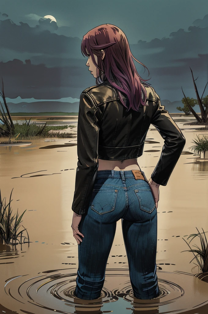 vector image, 2d cartoon,masterpiece, An anime woman,colored hair, tight ultra-long bootcut jeans, leather biker jacket:1.1, provocative pose, gloomy ecstasy, touches herself in sensually places,(drowning herself in the middleof quicksand swamp:1.2) , crop-top,from behind view, night