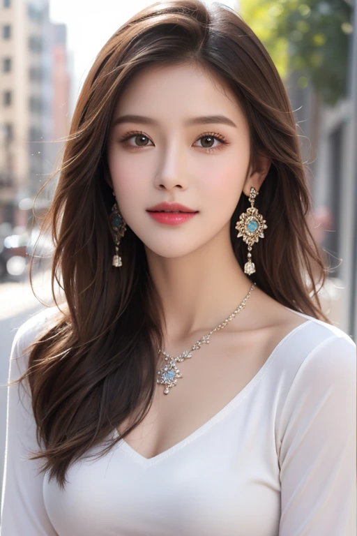 (Realistic、High resolution:1.3),(fashion:1.4),8k,(RAW Photos, highest quality), (Realistic, Photo Realistic: 1.3), highest quality, Very detailed, masterpiece, Hyper Detail, Very beautiful face, Very beautiful body,Gentle expression, Very beautiful eyes,(Perfect Makeup:1.1), (((Very beautiful fine hair))),Shaggy Hair,Hair Color,Ash Brown Hair, Very thin body,Smart Abs,1 person,Charm, 20-year-old, ((dance:1.3)),Perfect makeup,Big Breasts,Cashmere blouse,Cashmere skirt,short boots, A kind smile,Upper body portrait,(Street background:1.3), (Shiny skin), (Many colors:1.4) ,(Earrings),necklace,bracelet,Wellington Glasses,