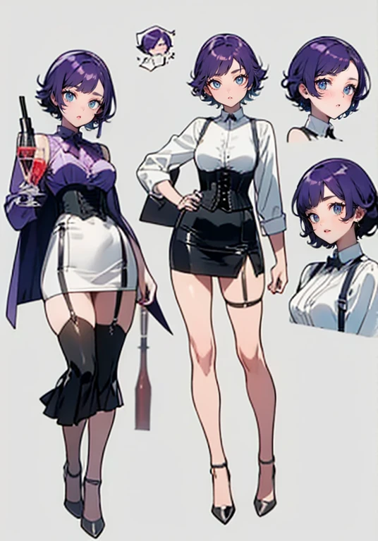 Purple Hair,Shortcuts,Adult female,(((Bartender))),((Body Harness)),((Rolling up your sleevesYshirt)),(Corset),(Tight Skirt),((Garter Belt)),High Heels,((Simple Background)),Smile,((Full Body)),((whole body)),Character Sheet,