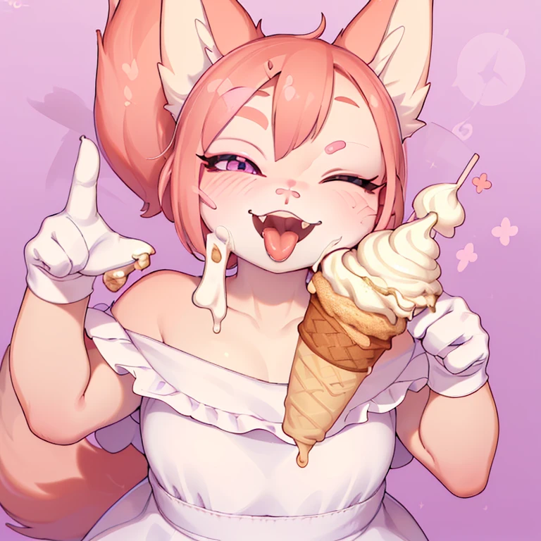 focus face , fox mom , round face , (tilt face:1.5) , (half-open wink:2) , moist Narrow round eyes , (Double teeth:1.2) , sensational smile , glossy lips , (open mouth wide) , (show off uvula:1.2), (licking Soft serve ice cream:1.2) , (melted vanilla Soft serve ice cream on face:1.2)  , thin summer dress