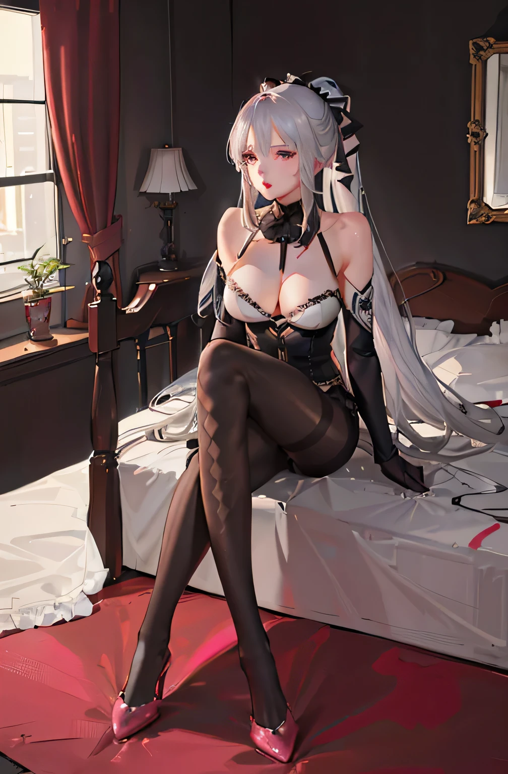 (((1 girl)),Ray Tracing,(Dim lighting),[Detailed Background (Bedroom)),((Silver Hair)),((Silver Hair)),(Fluffy Silver Hair, Plump and slender girl)) Raised ponytail)))) Avoid blonde eyes in the ominous Bedroom ((((Girls、She wears intricately embroidered black high-waisted pants and pantyhose.。) White frilly ribbon gloves), Showing off a delicate, slim figure and graceful curves, Correct limbs, Sitting on the bed、8K、Perfect female body、Red line clothes、8K、High quality、Naughty fashion、Big Breasts、Eros、Lingerie、Pink outfit、bikini