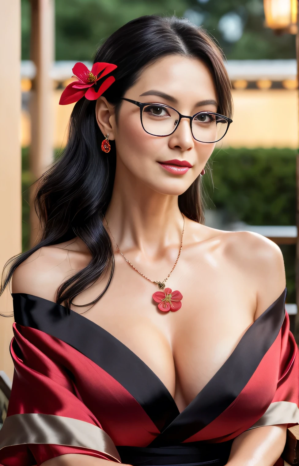 Professional, High level of detail, close up photo (attractive mature 45yo woman:1.3), long black hair with hair ribbon, tied up, gray eyes, (red kimono flower motif, off shoulder, silk skirt, no bra)1.455,ray tracing, natural lighting, (seductive:1.1), (blushing:1.1 ), (classy, elegant, dandy)1.2, (round big breasts)1.2 (pokies)1.3, (toned body, hourglass body shape) (wipe hips), (full body with visible face and eyes)1.5, glasses, earnings, outdoor spa at night, sit down, necklace, tattoo on breast, armor in hand, holding book