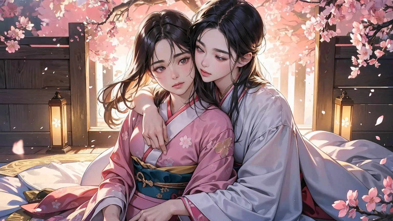 The Eternal Love of Constantine the Great and His Beloved Japanese Woman. Cherry Blossom Season. Lush. Love Beyond Time and Space. (best quality, 4k, highres, masterpiece:1.2), ultra-detailed, (realistic, photorealistic, photo-realistic:1.37), HDR, UHD, vibrant colors, soft lighting, traditional oil painting, exquisite details, peaceful ambiance, delicate cherry blossoms, historical romance, elegant kimono, intense emotions, gentle embrace.