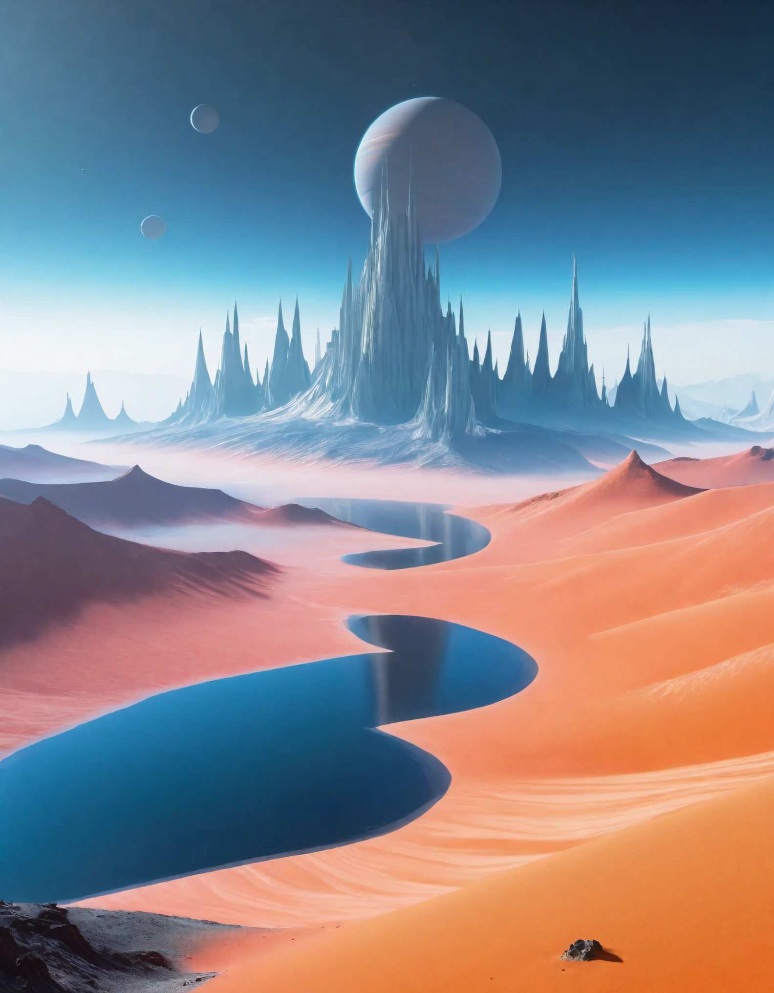 An alien landscape featuring colossal structures under a chilling atmosphere, indicative of exoplanet weather. The scene is filled with awe-inspiring vistas, showcasing hyper-realistic textures and breathtaking lighting. This award-winning capture, shot with a Canon EOS R5 in 8k resolution, is trending on artstation. The serene environment is devoid of humans, with a gas giant rising in the background and vibrant floating spires. The ethereal sky adds to the otherworldly beauty of this exoplanet, captured in its full splendor.