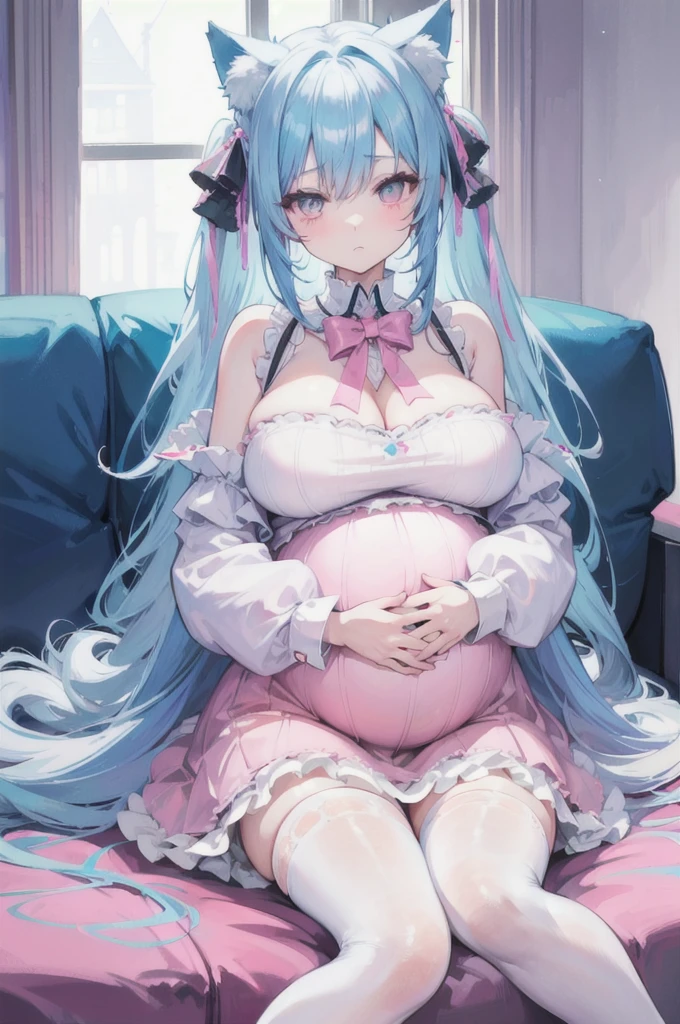 light blue hair,Cat ears,Pink Eyes,Light blue ta,White socks,In the room,Sitting on the sofa,(Pregnant,Huge breasts:1.8)