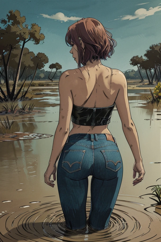 vector image, 2d cartoon,masterpiece, An anime woman,colored hair, tight ultra-long bootcut jeans, leather biker jacket:1.1, provocative pose, gloomy ecstasy, touches herself in sensually places,(drowning herself in the middleof quicksand swamp:1.2) , crop-top,from behind view, night, looks back