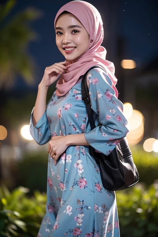 Malay girl in hijab wear small floral baju kurung malaysia in college, wear back pack, front view, detail skin, detail skin texture, mole below eyes, small breast, big hip, big waist, big thigh, slim abs, beautiful body, nighttime, laughing, happy, bright lighting, college student in background, crowded college, blur background, bokeh,