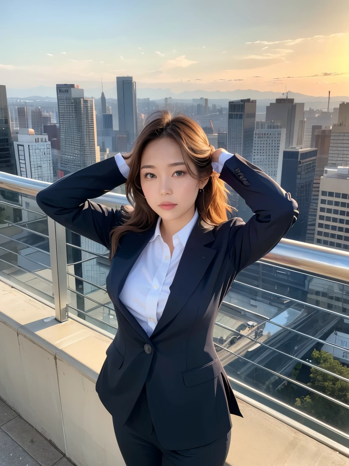 One girl,alone, Lips parted,  office lady, suit ,
Skyline, cloud,sunset, Put your arms behind your head, View your viewers,
