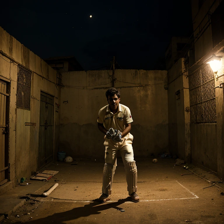 Yashaswi practicing cricket under the dim streetlights at night, determination gleaming in his eyes.
3. Yashaswi's humble home in a Mumbai slum, where he grew up dreaming of playing cricket for India.