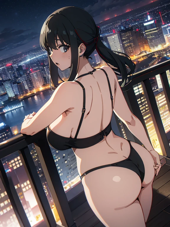 (highest quality、Highest quality、4K,POV shot、Midnight Night View、Super popular gravure model、Mature women with huge breasts and firm asses、)Panicked and surprised expression、彼女はBeing watched、Look back、Patterned underwear(ハイbraンド、)、bra、Thong、Skyscraper condominium、Balcony、Exposed to the night wind、 Being watched、