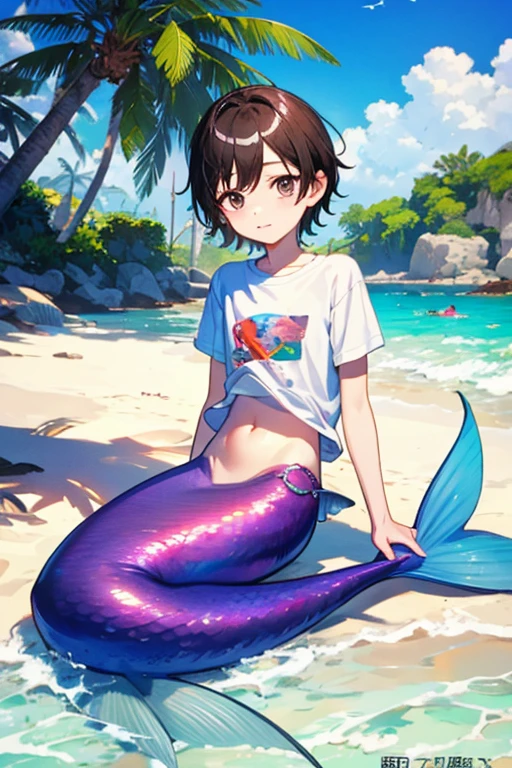 Male  mermaid、8-year-old、T-Shirts、stomach、Delicate face、Face is the main、Sandy Beach、sit、Ultra HD、Masterpiece