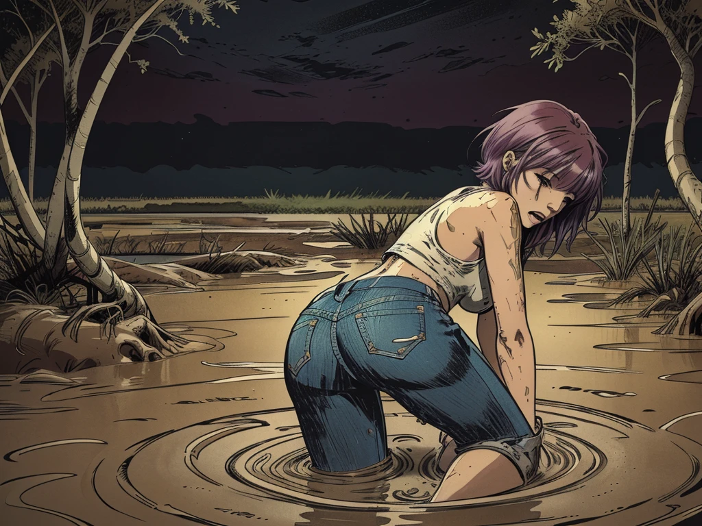vector image, 2d cartoon,masterpiece, An anime woman,colored hair, tight ultra-long bootcut jeans, leather biker jacket:1.1, provocative pose, gloomy ecstasy, touches herself in sensually places,(drowning herself in the middleof quicksand swamp:1.2) , crop-top,from behind view, night, looks back