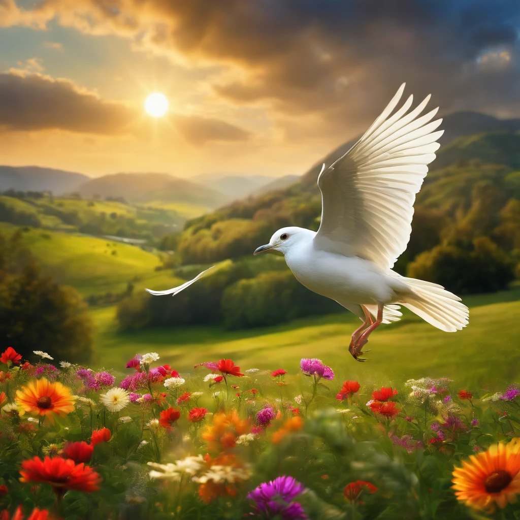 (best quality,ultra-detailed,realistic:1.37),white bird with spread wings flying,soft green grassy field,variety of colorful flowers,distant hills with sunlight peeking through,massing white clouds,artistic landscape,peaceful atmosphere,vivid colors,warm sunlight,serene lighting,landscape