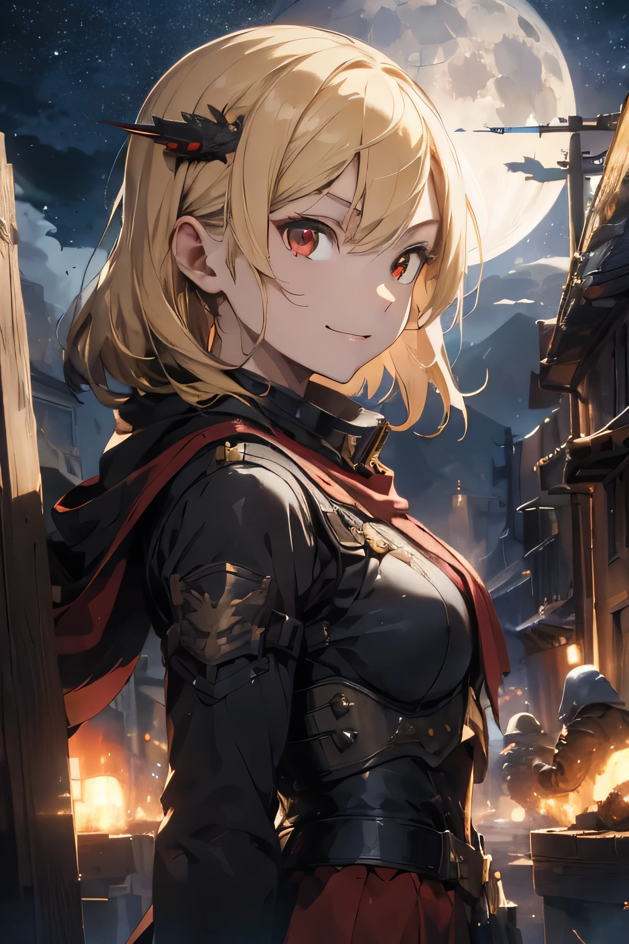 ((highest quality)), ((masterpiece)), (detailed),Perfect Face,blonde,red eyes,Fair skin,Armament,military,evil smile,battlefield,moon,crowd,from side
