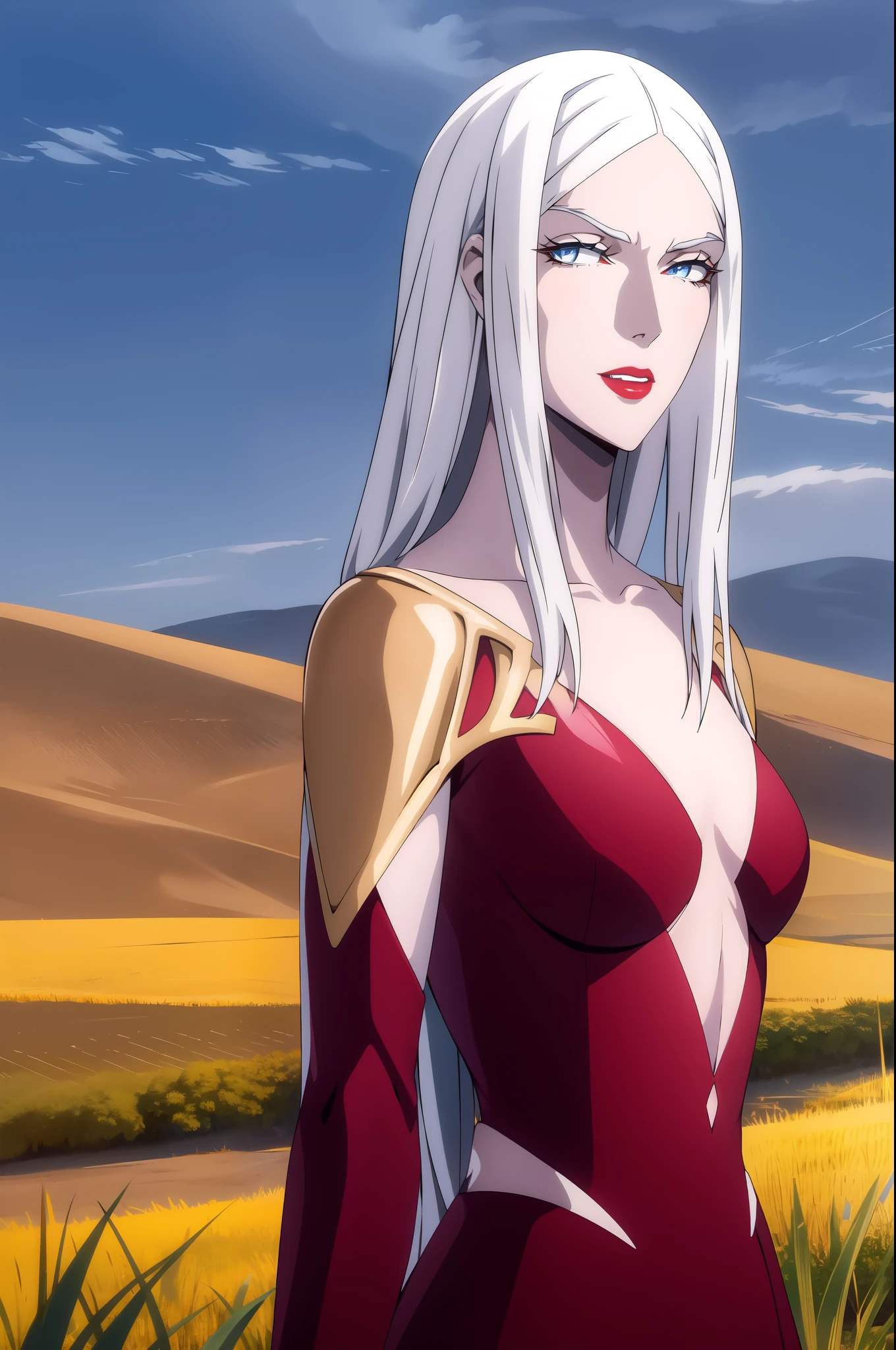 carmilla medium breasts, white hair, beautiful face, blue eyes, red lipstick, (masterpiece:1.2), best quality, absurdres, highres, extremely detailed wallpaper, perfect lighting, outdoors, grass, field, night sky,