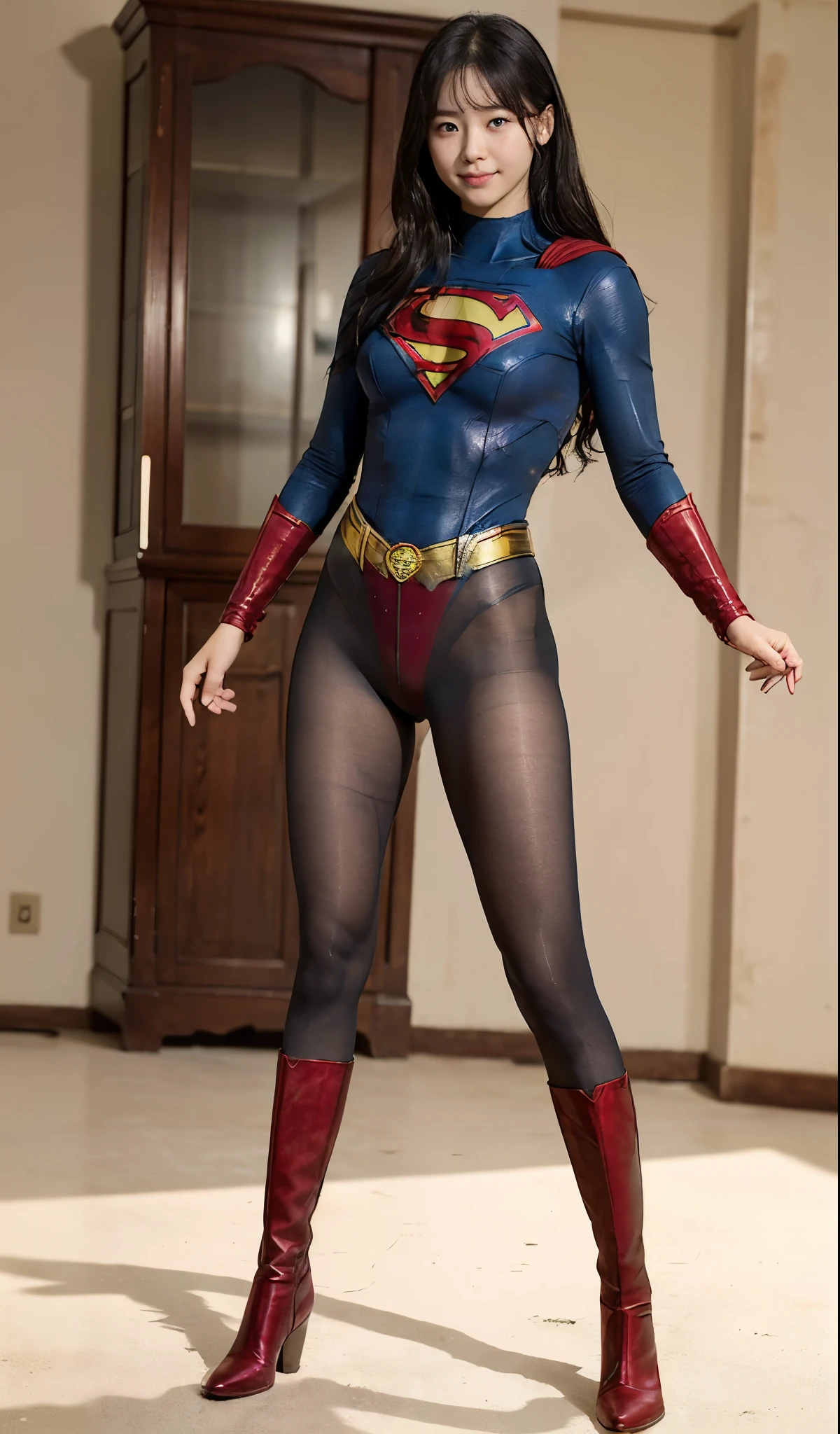 No background、(((Beautiful legs in black tights.)))、(((Legally express the beauty of your smile)))、((((Make the most of your original images)))、(((Supergirl Costume)))、(((Beautiful Hair)))、(((suffering)))、(((Please wear black tights....、Wear red boots)))、((Best image quality、8K))、((highest quality、8K、masterpiece:1.3))、(((Preserve background )))、Sharp focus:1.2、Beautiful woman with perfect figure:1.4、Thin abdominal muscles:1.2、Wet body:1.5、Highly detailed face and skin texture、8K