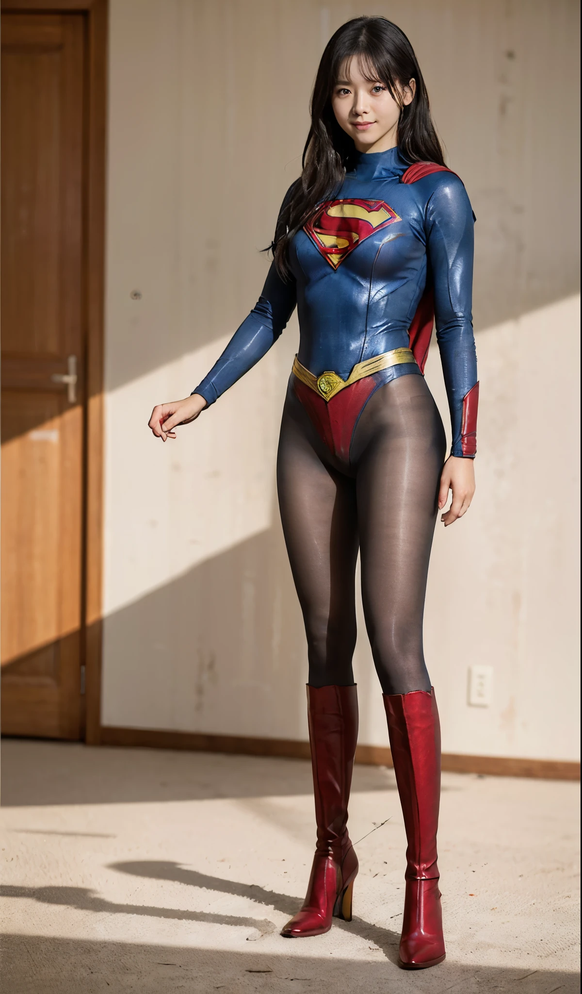 No background、(((Beautiful legs in black tights.)))、(((Legally express the beauty of your smile)))、((((Make the most of your original images)))、(((Supergirl Costume)))、(((Beautiful Hair)))、(((suffering)))、(((Please wear black tights....、Wear red boots)))、((Best image quality、8K))、((highest quality、8K、masterpiece:1.3))、(((Preserve background )))、Sharp focus:1.2、Beautiful woman with perfect figure:1.4、Thin abdominal muscles:1.2、Wet body:1.5、Highly detailed face and skin texture、8K