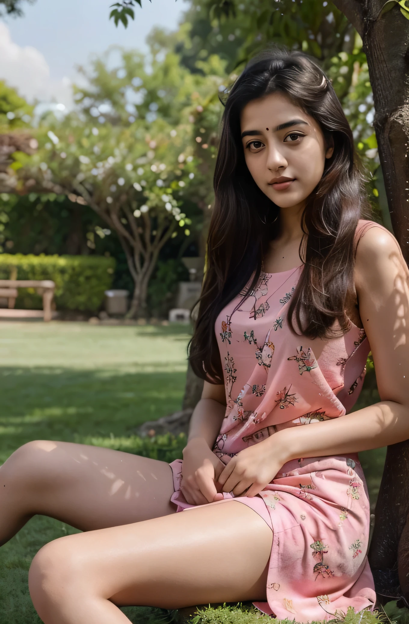 21 yo Indian women Ananya Pandey wearing pink printed frok, Sitting under a tree in the garden with long legs, beutiful pose perfect view perfect anatomy realistic realism