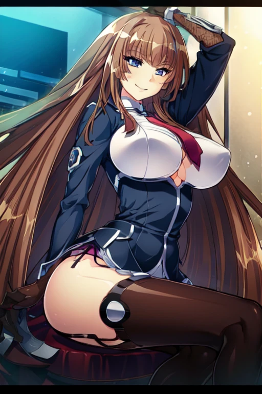 woman,Brown Hair,Straight Long Hair,Koukawa Asuka,garter belt,Large Breasts,police,Happy face,Leg spread,Maid Cos