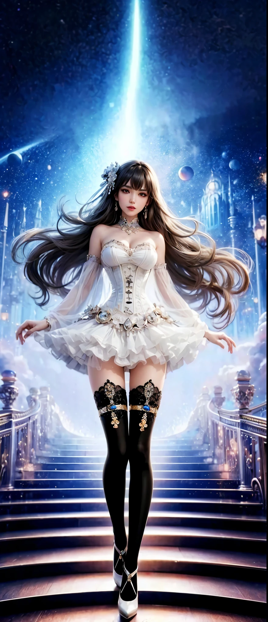 An asian woman with loose hair, standing on the stairs in the middle of a magical atmosphere, with a predominantly white and black costume, a strapless corset-style dress decorated with bright purple jewels, a short tutu skirt, black thigh-high stockings with lace tops and ornaments purple jewels, white high heels with gold decoration, grand staircase background under mysterious sky full of stars and celestial bodies, crystal detailed, hyper realistic, hyperdetailTransparent clothing, Detailed gemstones, masterpiece, best quality:1.2),,(8k,highres,RAW photo,realistic,photo-realistic:1.3),(detailed skin texture,detailed cloth texture, beautiful detailed face:1.25),professional lighting,photon mapping,beautiful soft light,radiosity,physically-based rendering,raytracing, model shoot style, model shoot style, (extremely detailed CG unity 8k wallpaper), full shot body photo of the most beautiful artwork in the world (NSFW), (Nude), (Naked), (Nipple) (pussy) (exposed pussy) 